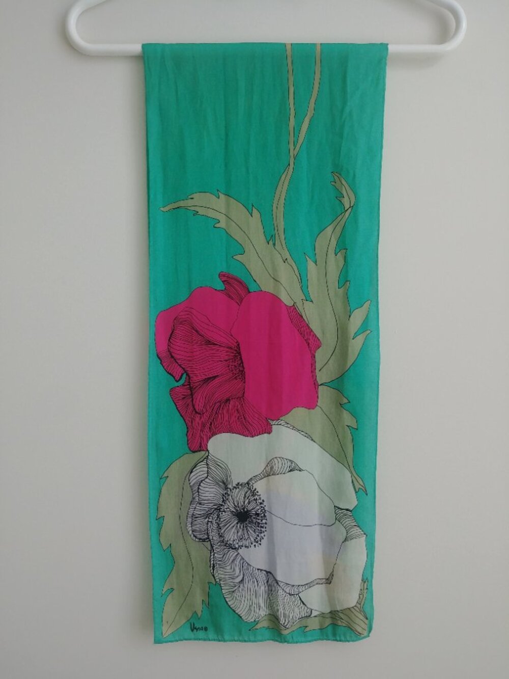 Vintage Una silk scarf long and narrow green with pink blue flowers